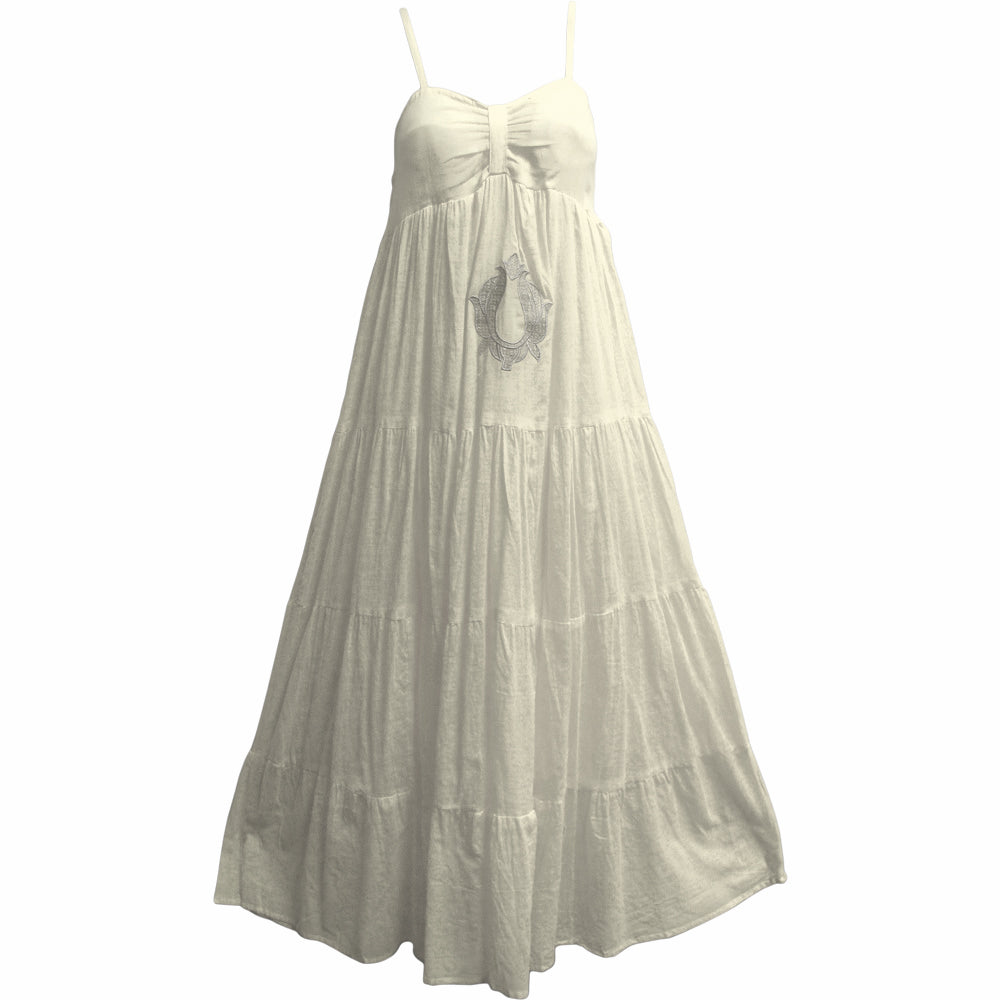 Womens Indian Cotton Tiered Long Maxi Dress with Embroidery | Boho Chic Dresses Canada Beige / Medium Womens Indian Cotton Tiered Long Maxi Dress with Embroidery | Boho Chic Dresses Canada Beige / Medium