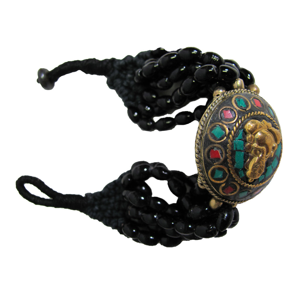 Ganesh Tibetan Vintage Coral & Turquoise Black Onyx Tribal Bead Strand Bracelet - Ambali Fashion Bracelets accessory, bohemian, boho, bracelet, casual, classic, ethnic, gypsy, hippie, meditat