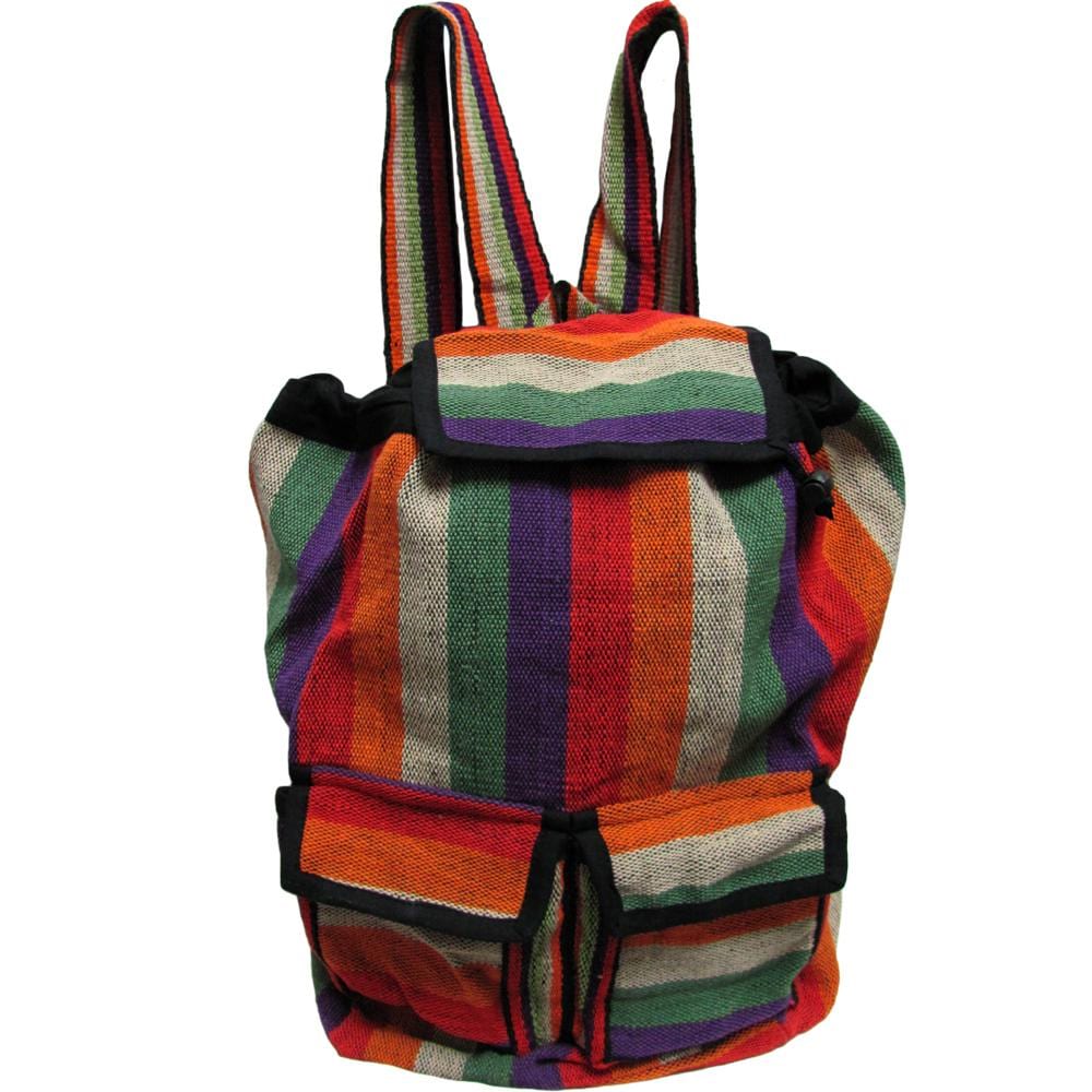Handmade Woven Hippie Red & Orange Stripe Sling Himalayan Hemp Backpack Large - Ambali Fashion Backpacks accessory, bohemian, bookbag, canvas, casual, ethnic, satchel, shopping, tote, travel,