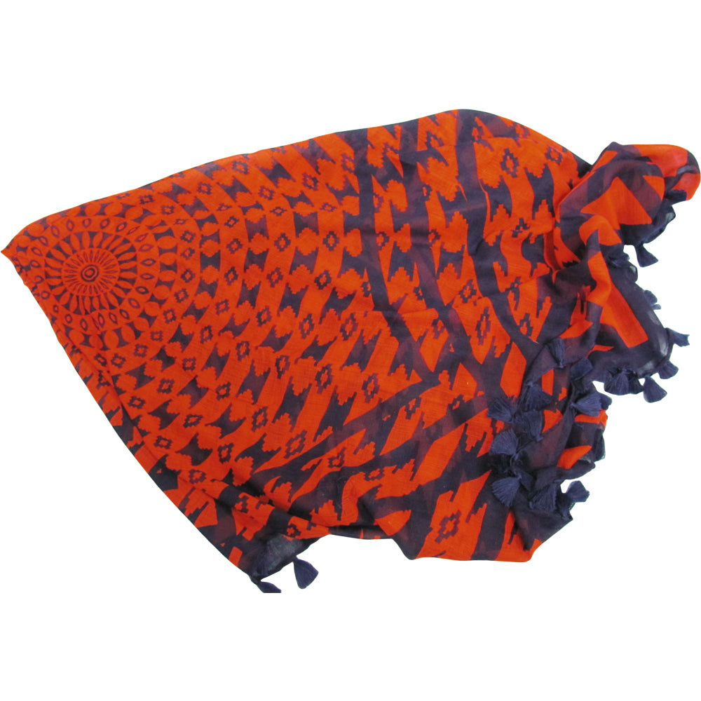 Geometric Indian Tasseled Square Orange and Blue Scarf Shawl JK175 - Ambali Fashion Evening Scarves 